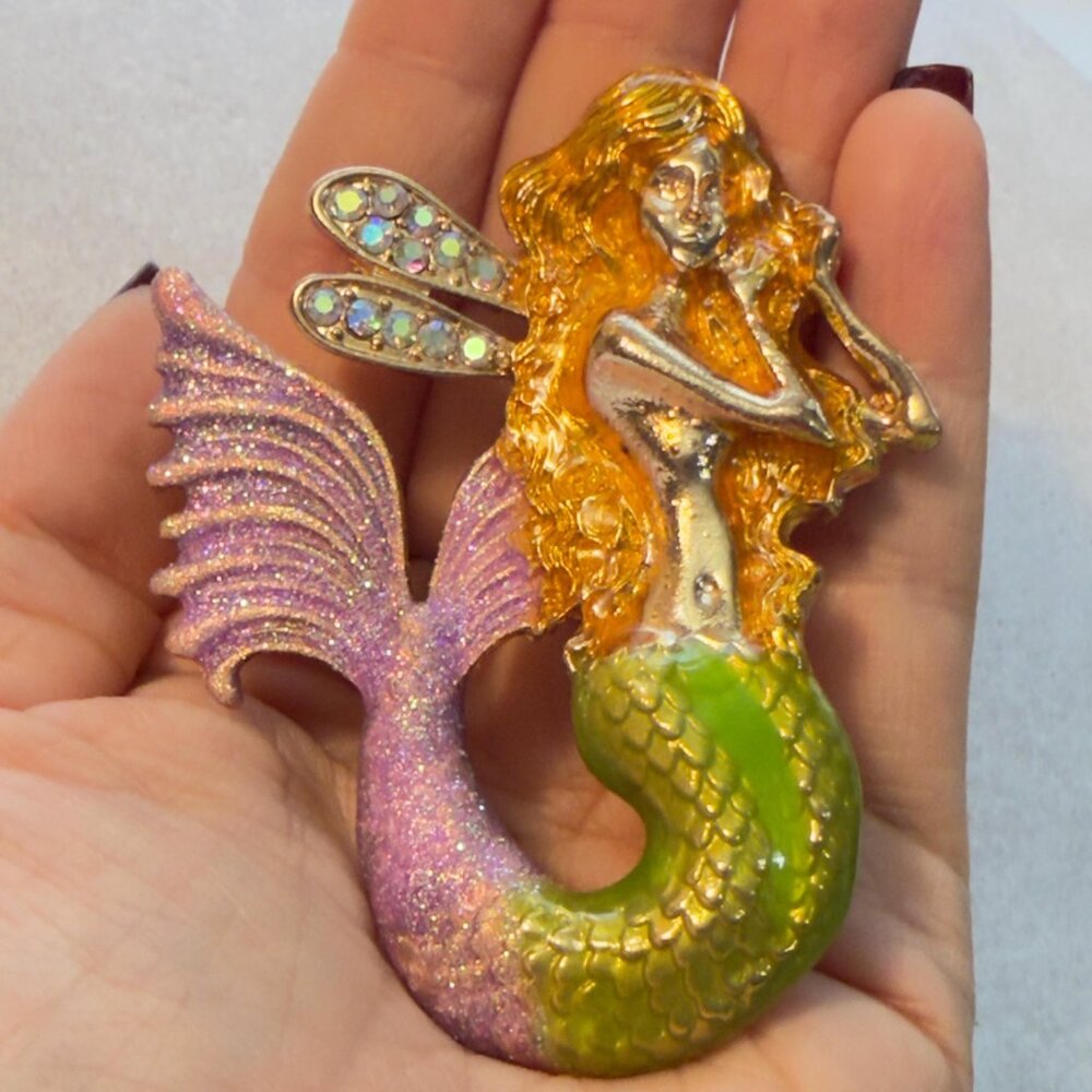 Mermaid FairyBrooch Pastel Color Enamel Fantasy Rhinestone Statement Pin – 3.25” - Picture 5 of 7
